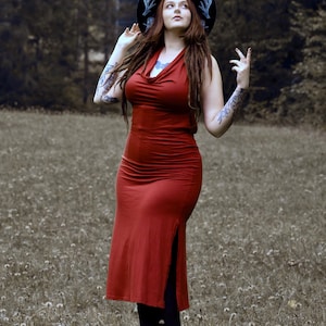 May include: A red dress with a cowl neck and a side slit. The person is wearing a black hat with a pentagram and decorative elements. The person is standing in a field of tall grass.