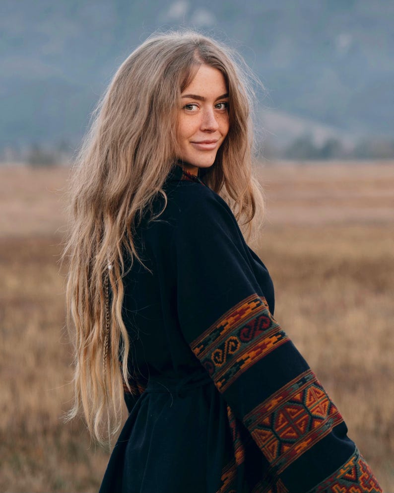 Hooded Geometric Cape Coat • Boho Unisex Shamanic Cloak • Warm Blanket Shawl • Poncho Scarf for Women • Long Festival Earthy Juniper Jacket Black