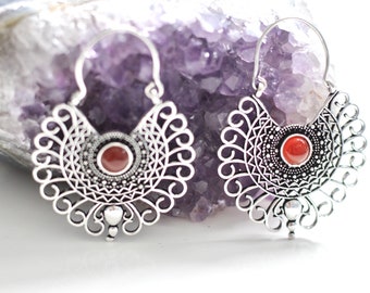Silver & Ruby Geometric Hoop Earrings • Crystal Gemstone Ethnic Sacred Geometry Boho Round Earrings • Spiritual Gifts • Calluna