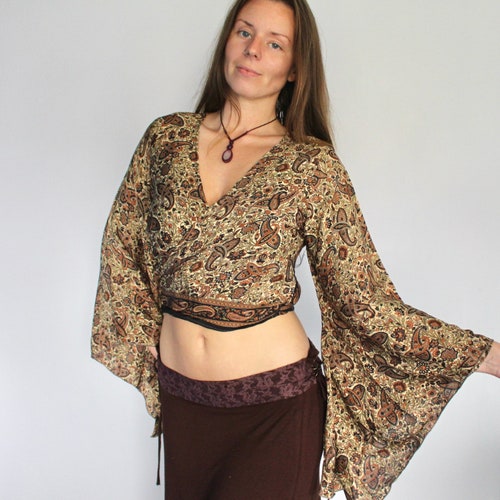 Silk Wrap Top Brown Paisley • Bell Sleeve Tie Up Crop Top Blouse • Retro Cardigan 60s 70s Festival Fashion • Boho Folk Hippy • Calluna
