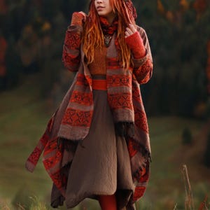Hooded Geometric Cape Coat • Boho Unisex Shamanic Cloak • Warm Blanket Shawl • Poncho Scarf for Women • Long Festival Earthy Juniper Jacket Brown