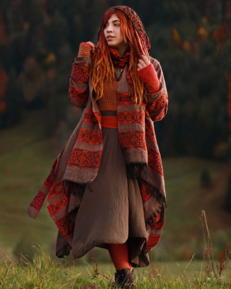 Hooded Geometric Cape Coat • Boho Unisex Shamanic Cloak • Warm Blanket Shawl • Poncho Scarf for Women • Long Festival Earthy Juniper Jacket Brown