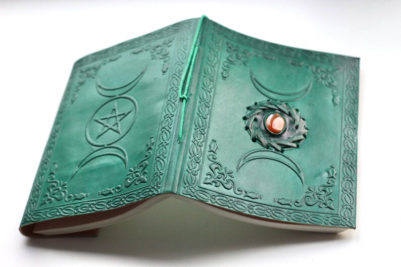 Triple Moon Crystal Green Leather Journal • Blank Witches Spell Book of ...