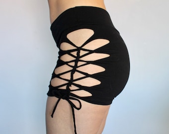 Black Fold Over Waist Festival Shorts Lace Up Sides • Hot Yoga Amara Booty Shorts