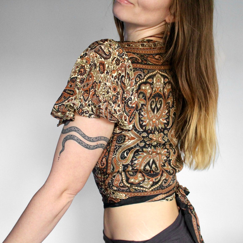 Brown Paisley Silk Tie Up Wrap Top  Psychedelic Paisley Print image 2
