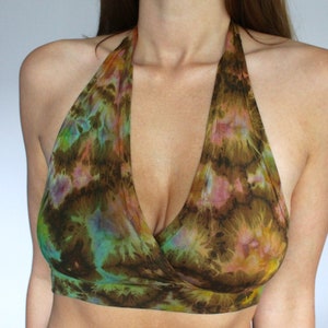 Olive Tie Dye Cotton Halter Bra • Hot Yoga Crop Top Asana Bralet • Cropped Halter Neck • Boho no wire free Bra Activewear • Calluna