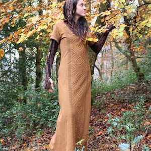 Long Tribal Dress • Litha Dress • Rustic Maxi Dress • Earthy Block Print Dress • Simple Wedding Dress • Natural Fibre Clothing • Calluna