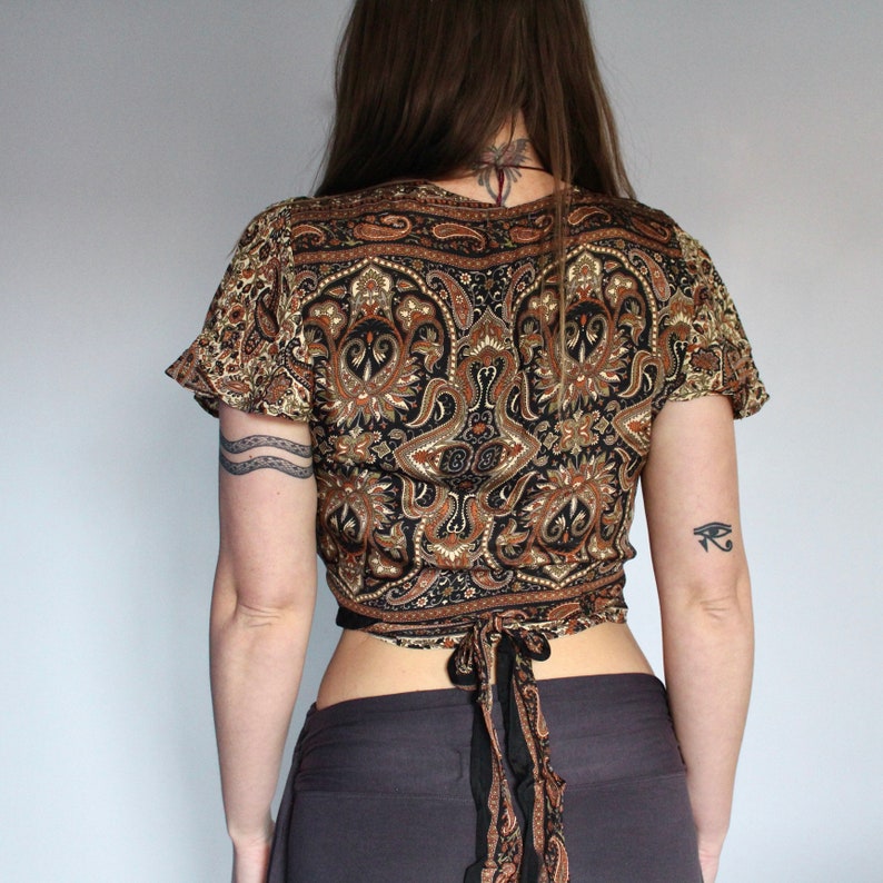 Brown Paisley Silk Tie Up Wrap Top  Psychedelic Paisley Print image 4