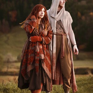 Hooded Geometric Cape Coat • Boho Unisex Shamanic Cloak • Warm Blanket Shawl • Poncho Scarf for Women • Long Festival Earthy Juniper Jacket image 12