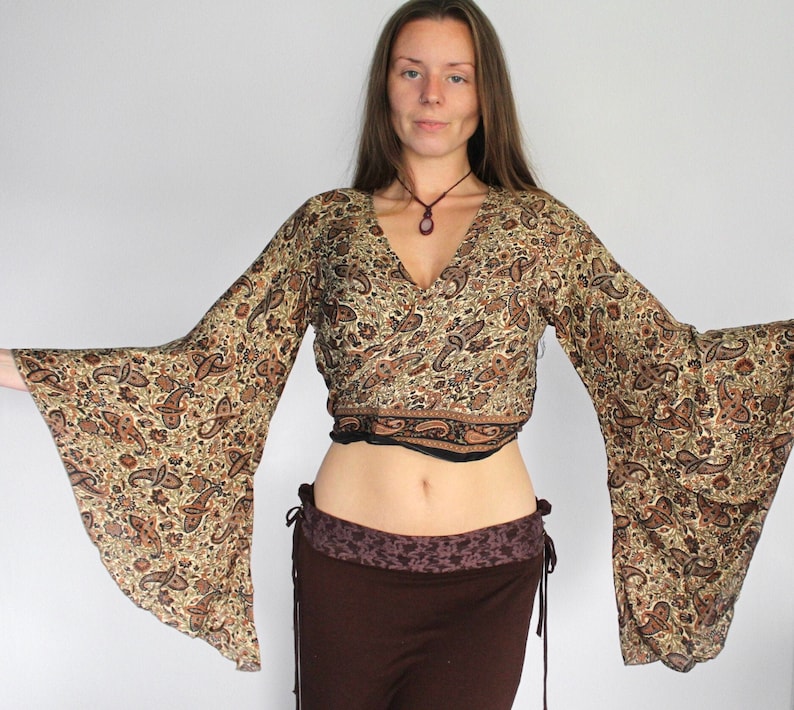 Silk Wrap Top Paisley Bell Sleeve Tie Up Crop Top Blouse Retro Cardigan 60s 70s Festival Fashion Boho Folk Hippy Calluna Brown