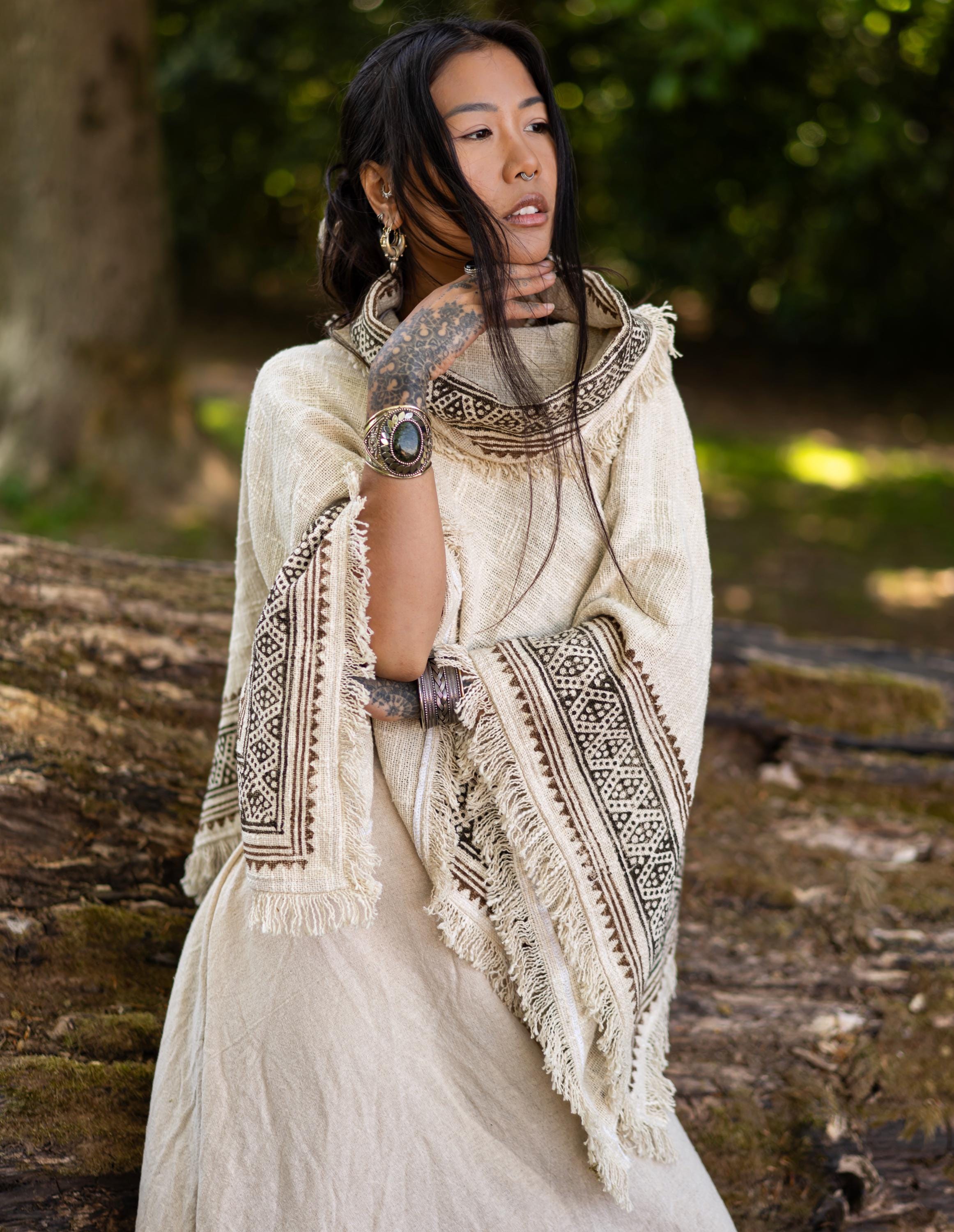 Cowl Neck Poncho • Raw Cotton Block Print Tribal Top • Oversized Shawl • Festival Cover Up • Earthy Natural Wear • Calluna