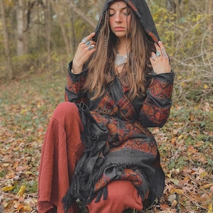 Hooded Geometric Cape Coat • Boho Unisex Shamanic Cloak • Warm Blanket Shawl • Poncho Scarf for Women • Long Festival Earthy Juniper Jacket Charcoal