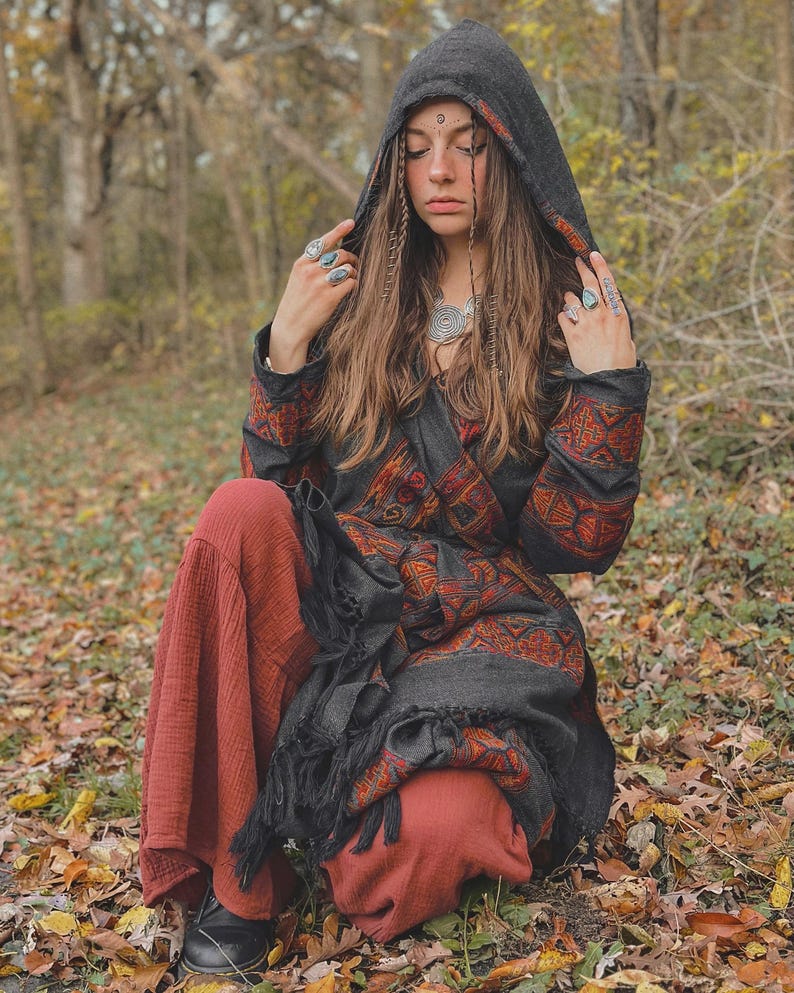 Hooded Geometric Cape Coat • Boho Unisex Shamanic Cloak • Warm Blanket Shawl • Poncho Scarf for Women • Long Festival Earthy Juniper Jacket Charcoal