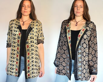 Reversible Silk Flared Sleeve Kimono Jacket • 60s 70s Festival Kaftan • Sari Silk Coat Women • Beach Cover Up Tunic Boho Silk Robe • Calluna