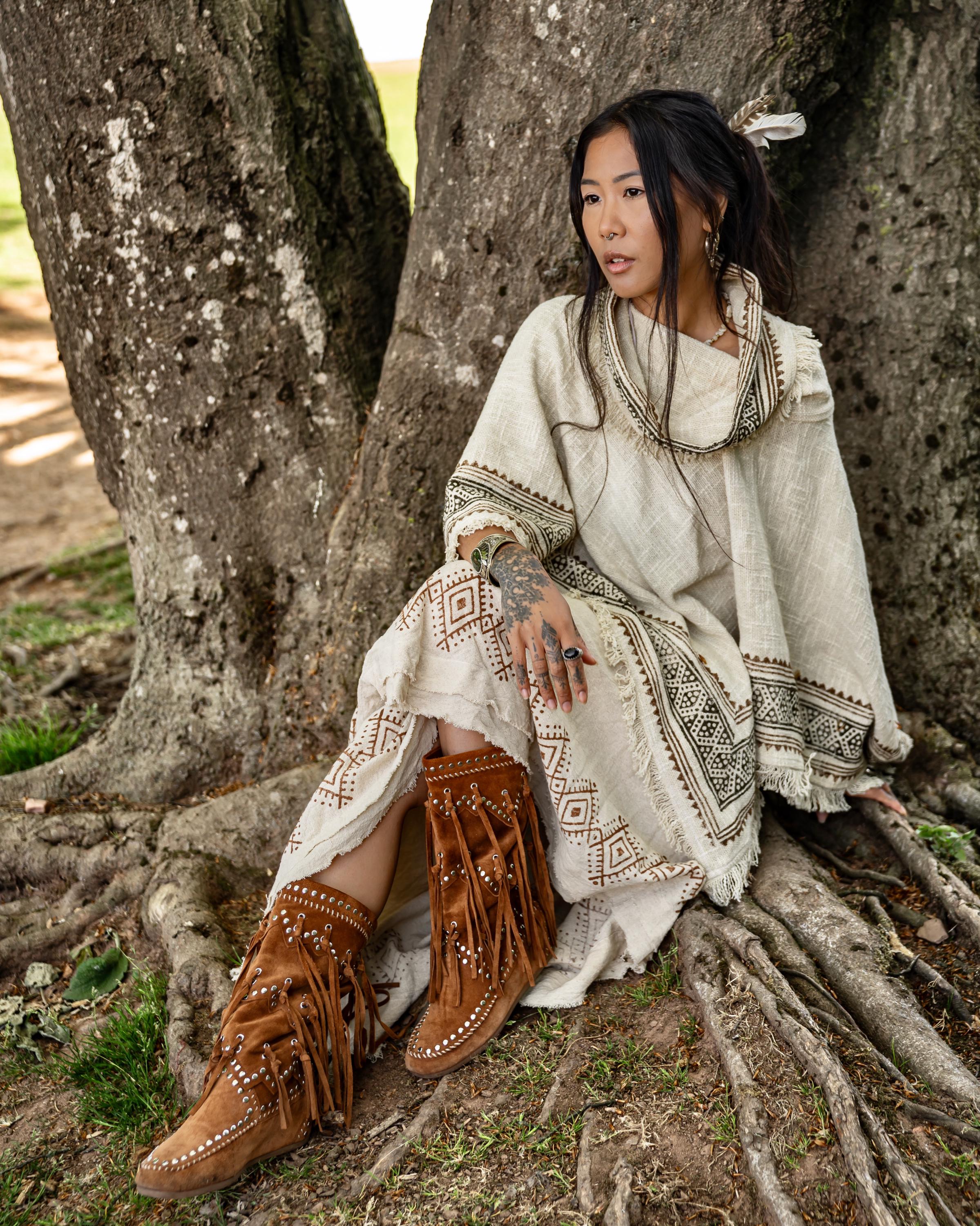 Cowl Neck Poncho • Raw Cotton Block Print Tribal Top