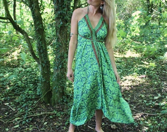 Backless Silk Chartreuse Halter Midi Dress • Goddess Summer Dress • Boho Bridesmaid Gift • Silk Maxi Dress • Calluna Clothing