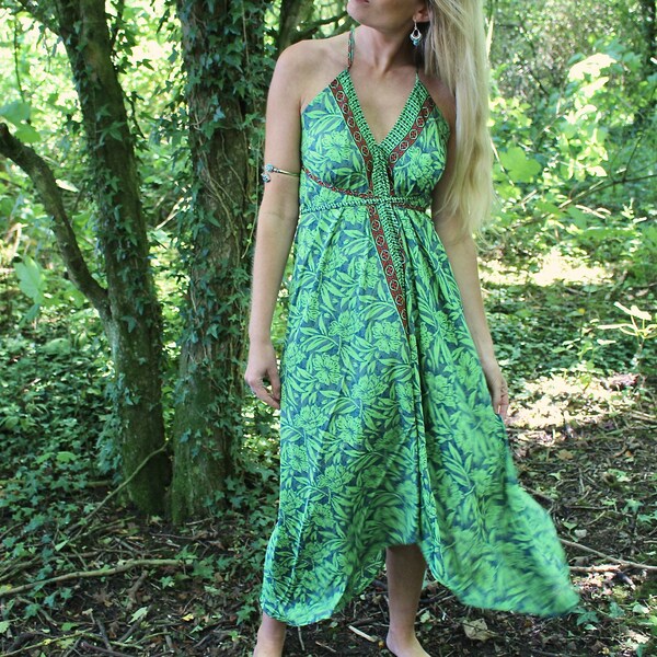 Backless Silk Chartreuse Halter Midi Dress • Goddess Summer Dress • Boho Bridesmaid Gift • Silk Maxi Dress • Calluna Clothing