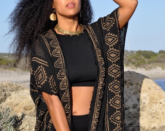 Goddess Kimono • Raw Cotton Block Print Long Earthy Robe • Shamanic Cloak Ritual Wear • Tribal Clothing • Long Earthy Kali Kimono