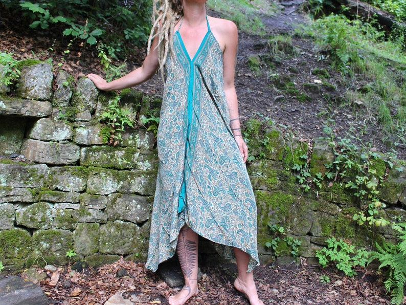 Backless Silk Halter Midi Dress Orange Goddess Summer Dress Boho Bridesmaid Gift Silk Maxi Dress Calluna Clothing Teal