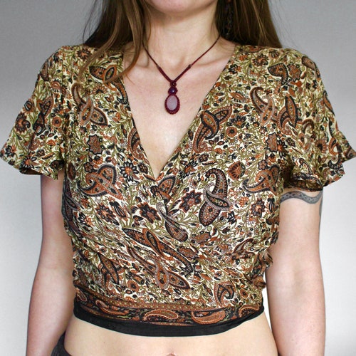 Brown Paisley Silk Tie Up Wrap Top • Psychedelic Paisley Print • Belly Dance Costume Crop Top Blouse • 60s 70s Boho Festival • Calluna