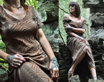 Long Tribal Dress • Litha Dress • Rustic Maxi Dress • Earthy Block Print Dress • Simple Wedding Dress • Natural Fibre Clothing • Calluna