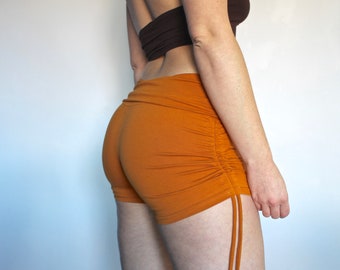 Orange Booty Shorts • Mid High Waist Cinched Hot Yoga Pants • Sexy Boho Festival Shorts Women • Hoop Pole Dance Shorts • Calluna Clothing