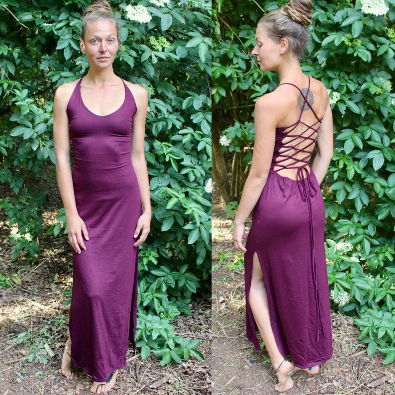 Lace Up Corset Back Maxi Dress Side Split Long Dress Boho Maxi Dress Women Goddess Costume Dance Wear Backless Dress Calluna Plum