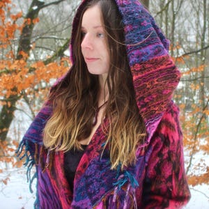 The Enchantment Cloak • Hooded Festival Blanket Cloak • Unisex Paisley Cape Coat • Warm Winter Poncho • Vegan Wool Scarf • Long Boho Shawl Purple