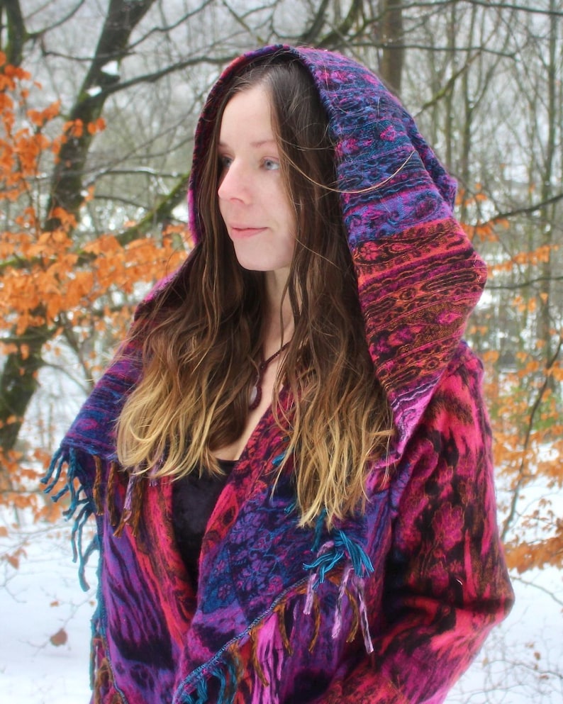 The Enchantment Cloak • Hooded Festival Blanket Cloak • Unisex Paisley Cape Coat • Warm Winter Poncho • Vegan Wool Scarf • Long Boho Shawl Purple