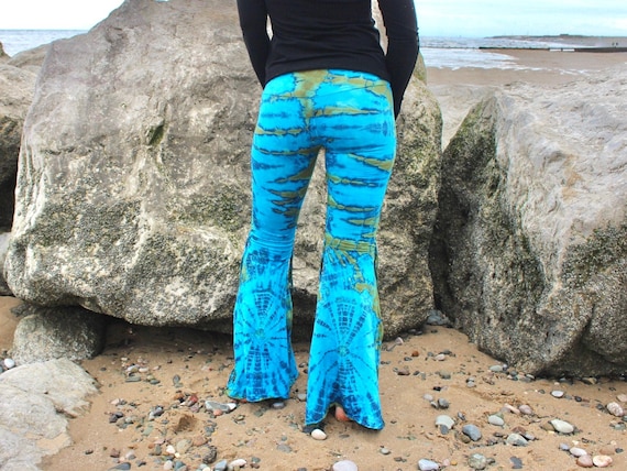 Cotton Tie Dye Bell Bottoms Blue Wide Flare Trousers Hot Leggings