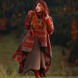 Hooded Geometric Cape Coat Boho Unisex Shamanic Cloak Warm Blanket Shawl Scarf Poncho Shawl for Women Long Festival Earthy Jacket Brown