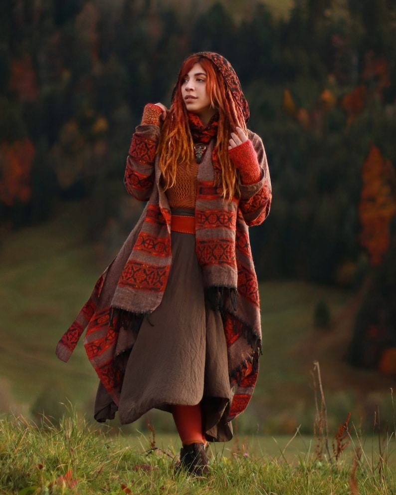 Hooded Geometric Cape Coat Boho Unisex Shamanic Cloak Warm Blanket Shawl Scarf Poncho Shawl for Women Long Festival Earthy Jacket Brown