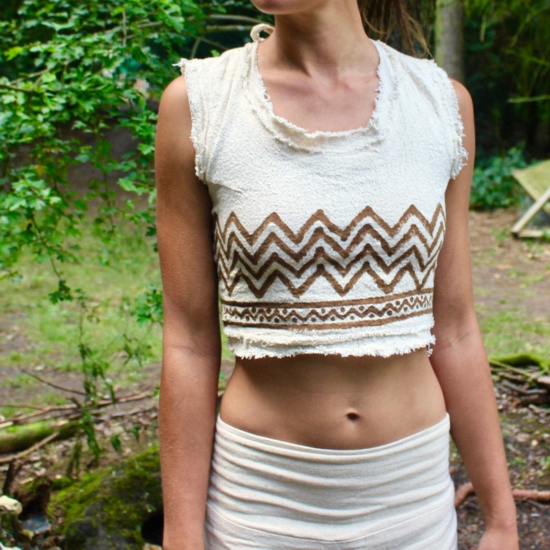 Raw Cotton Tribal Crop Top \u2022 Block Print Crop Top \u2022 White Lace Up Crop \u2022 Earthy Frayed Natural Clothing \u2022 Burning Man Festival Wear \u2022 Tie Up