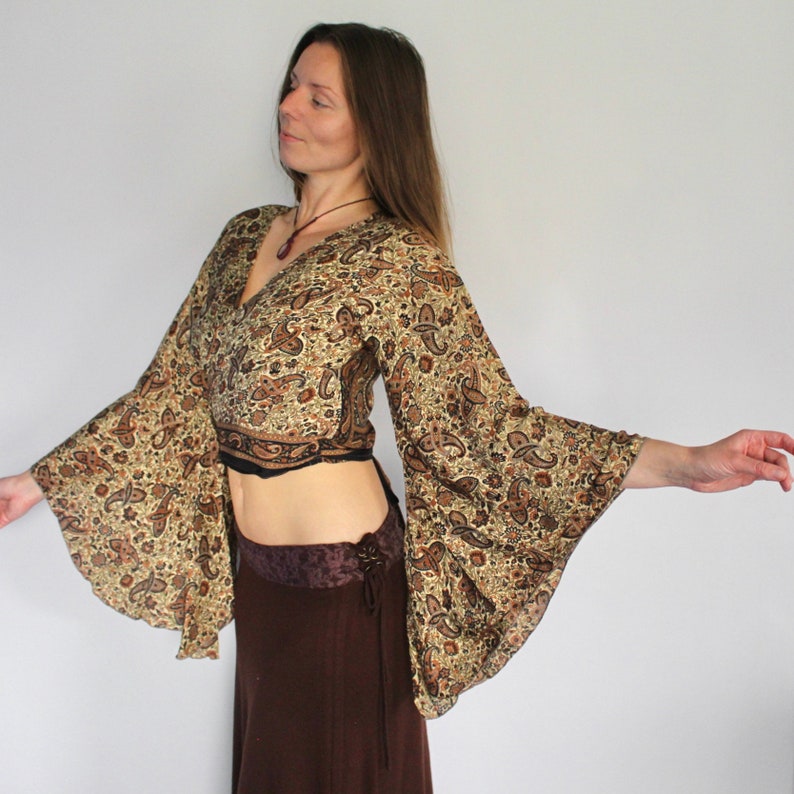 Silk Wrap Top Paisley Bell Sleeve Tie Up Crop Top Blouse Retro Cardigan 60s 70s Festival Fashion Boho Folk Hippy Calluna image 8