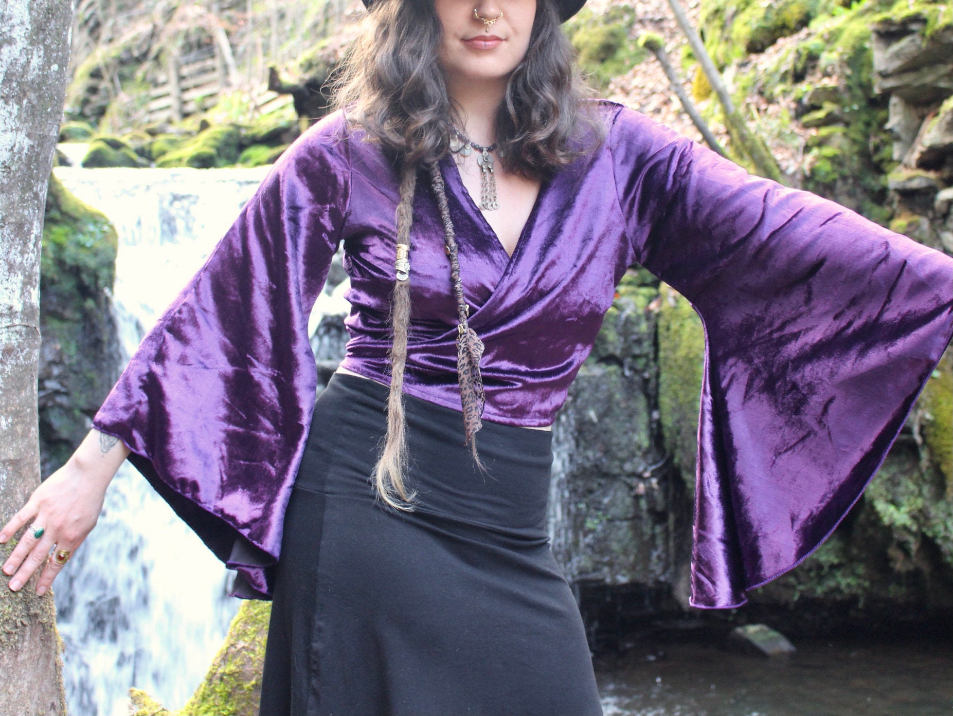 Purple Velvet Bell Sleeve Tie up Wrap Top Belly Dance Costume Crop