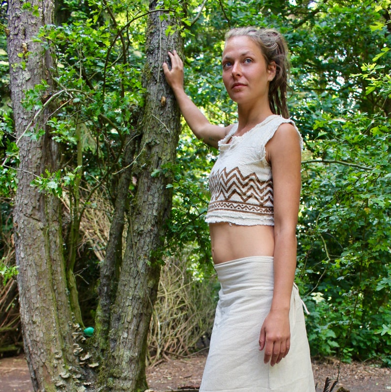 Raw Cotton Tribal Crop Top \u2022 Block Print Crop Top \u2022 White Lace Up Crop \u2022 Earthy Frayed Natural Clothing \u2022 Burning Man Festival Wear \u2022 Tie Up