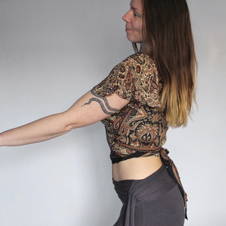 Brown Paisley Silk Tie Up Wrap Top  Psychedelic Paisley Print image 6