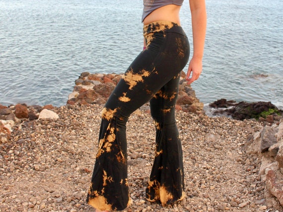 Black Cotton Tie Dye Bell Bottoms Wide Flare Trousers Flared Hot