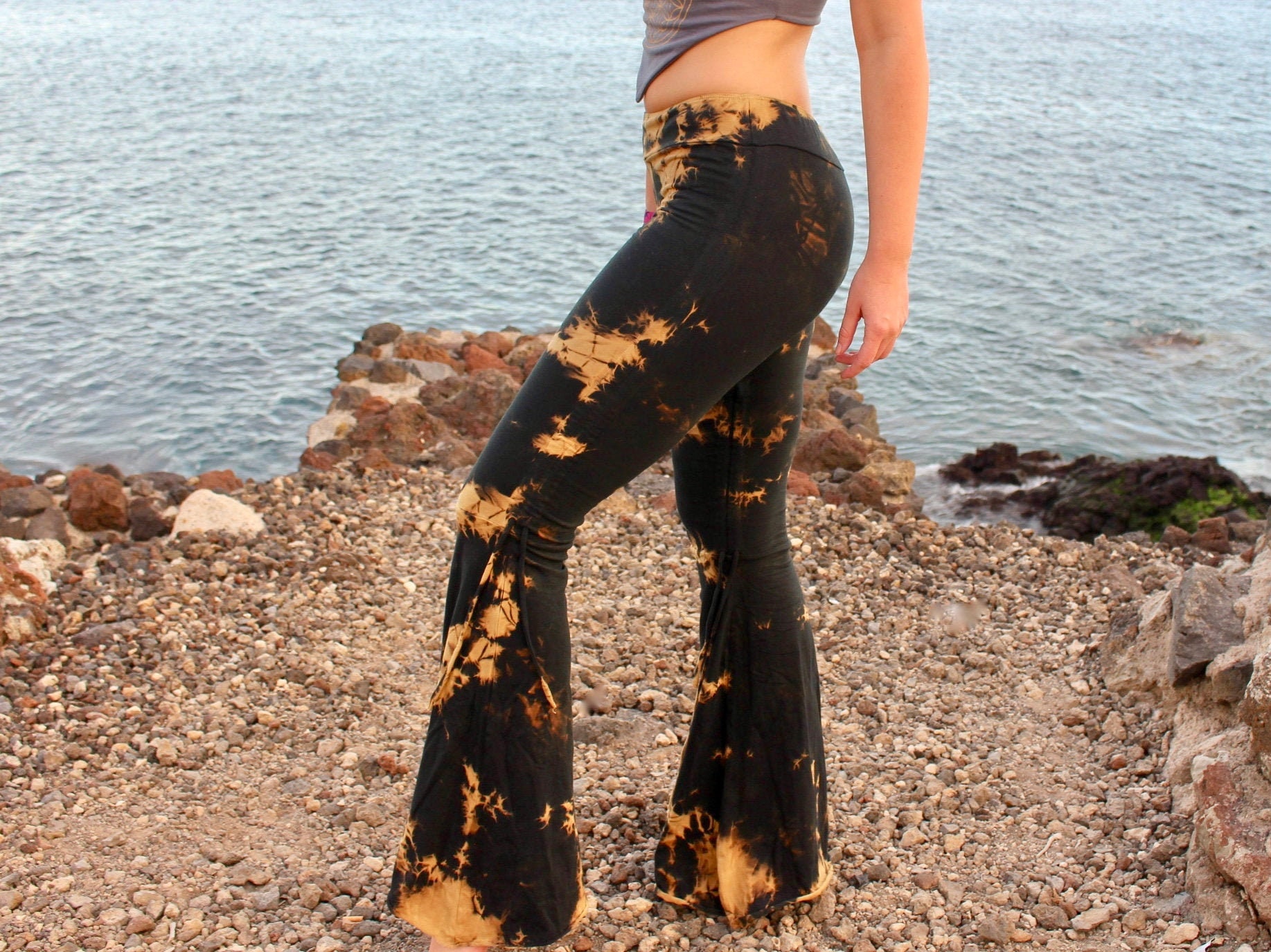 Cinched Tie Dye Bell Bottoms Cotton Wide Flare Trousers Flared Hot