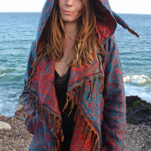The Enchantment Cloak • Hooded Festival Blanket Cloak • Unisex Paisley Cape Coat • Warm Winter Poncho • Vegan Wool Scarf • Long Boho Shawl Blue