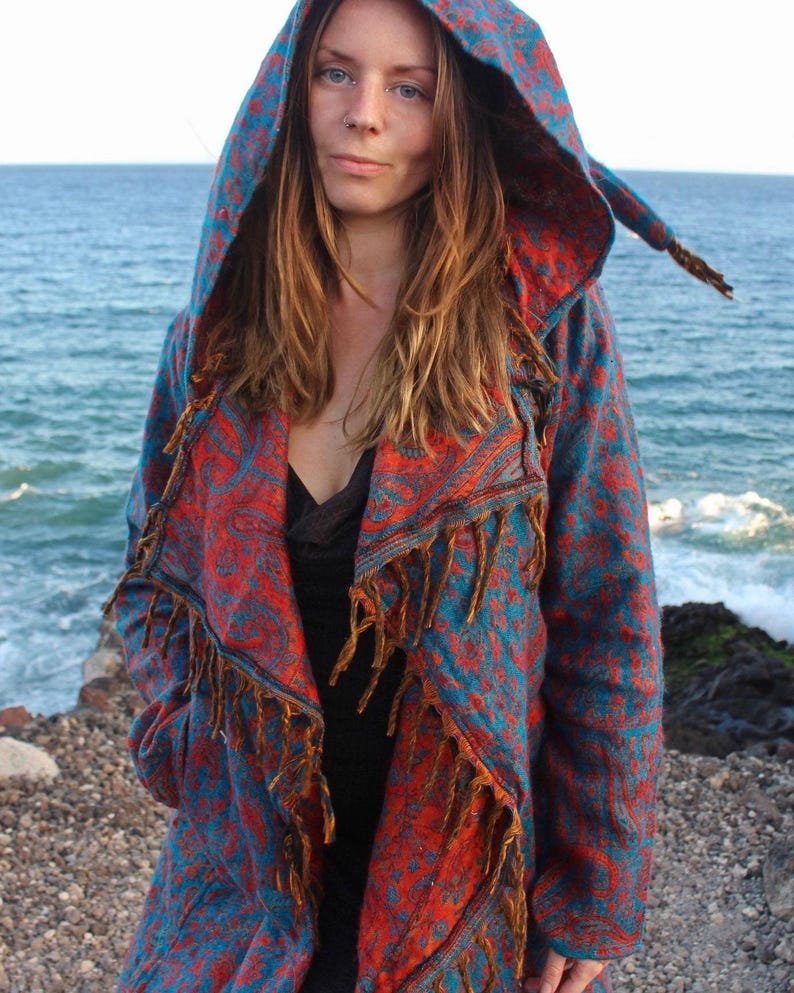 The Enchantment Cloak • Hooded Festival Blanket Cloak • Unisex Paisley Cape Coat • Warm Winter Poncho • Vegan Wool Scarf • Long Boho Shawl Blue