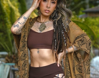 Goddess Kimono • Raw Cotton Block Print Long Earthy Robe • Shamanic Cloak Ritual Wear • Tribal Clothing • Long Earthy Kali Kimono