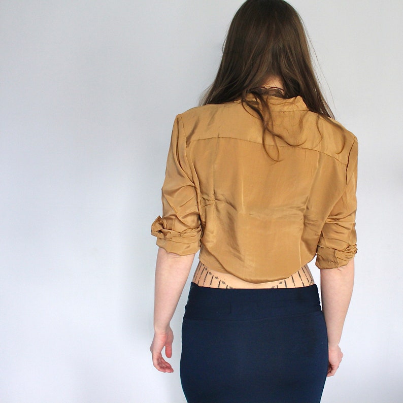 Gold Unisex Silk Shirt • Retro Floral Print Long Sleeve Shirt • Boho Flared Festival 60s 70s Clothing Tie Up Silk Crop Top • Calluna image 7