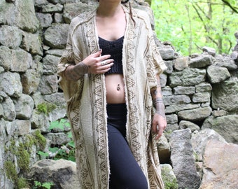 Goddess Kimono • Raw Cotton Block Print Long Earthy Robe • Shamanic Cloak Ritual Wear • Tribal Clothing • Long Earthy Kali Kimono
