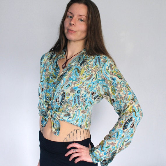 Peacock Blue Silk Shirt UNISEX • Retro Psychedelic Print Long Sleeve Shirt Boho Top • Festival 60s 70s Clothing • Tie Up Silk Crop Top