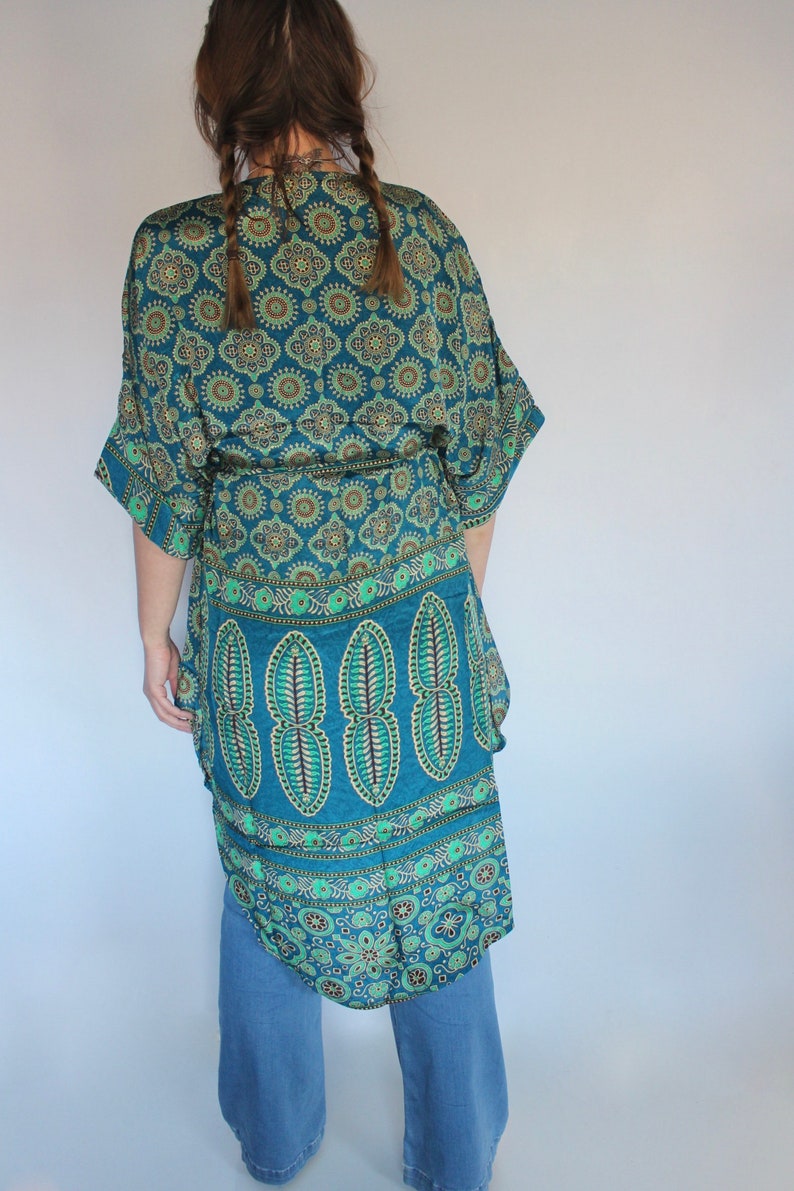 Silk Kimono Geometric Teal Short Wrap Dress \u2022 70s Festival Kaftan Tunic Sari Jacket \u2022 Bridesmaid Silk Robe \u2022 Beach Cover Up \u2022 Boho Duster