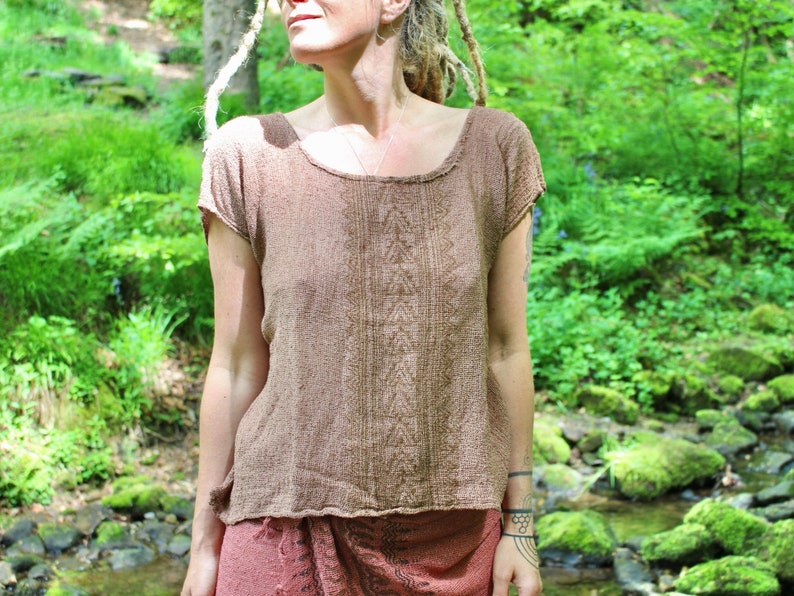 Natural Cotton Block Print Top Tribal Beach Cover Up Summer Gaia Top Women Earthy Natural Clothing Linen Festival Wear Calluna Brown