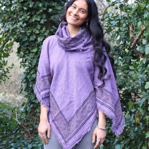 Cowl Neck Poncho • Raw Cotton Block Print Tribal Top • Oversized Shawl • Festival Cover Up • Earthy Natural Wear • Calluna