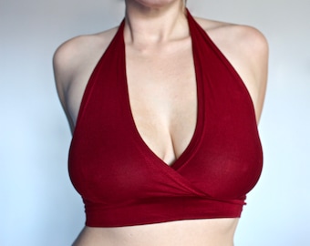 Rode yoga crop-top met halternek • cropped top met festivalhalterhals • Asana-halter-bh • Katoenen bh • Active Wear-dames • Boho-hemdtop