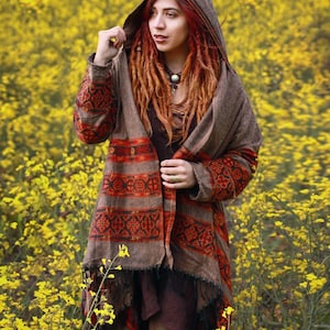Hooded Geometric Cape Coat •  Boho Unisex Shamanic Cloak • Warm Blanket Shawl • Poncho scarf for Women • Long Festival Earthy Juniper Jacket